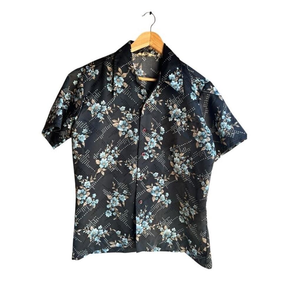 Sage Men's Vintage 70s Hawaiian Sports Wear 100% Polyester Floral Black  Medium